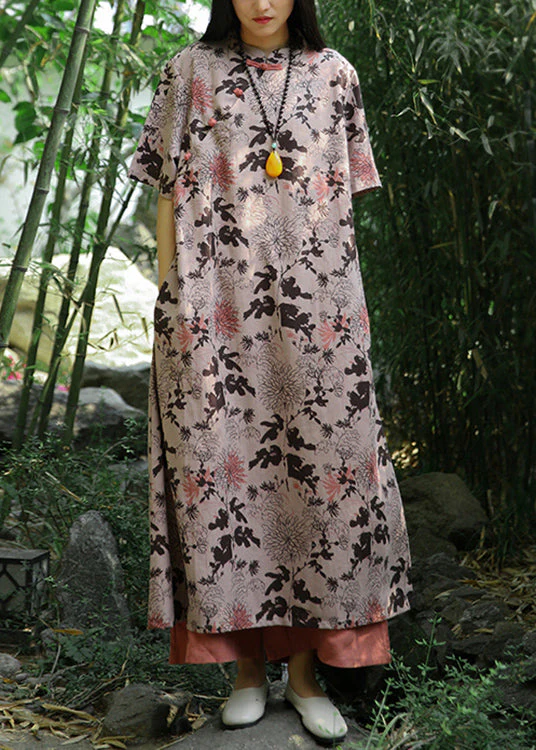 Chinese Style Khaki Stand Collar Print Button Cotton Long Dress Short Sleeve - Image 2