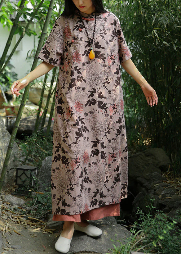 Chinese Style Khaki Stand Collar Print Button Cotton Long Dress Short Sleeve - Image 3
