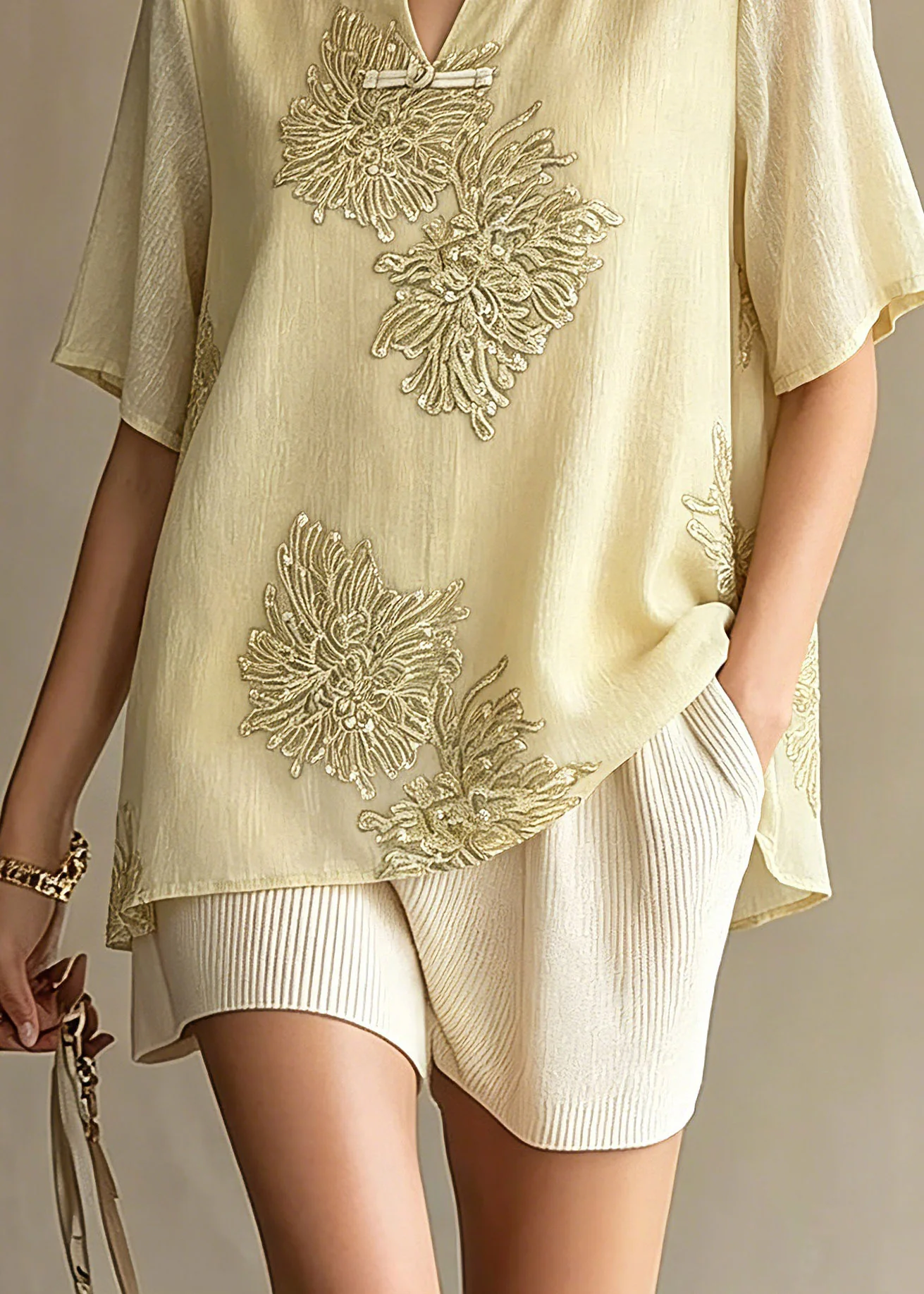 Chinese Style Light Green Print Chiffon Tops Short Sleeve - Image 4