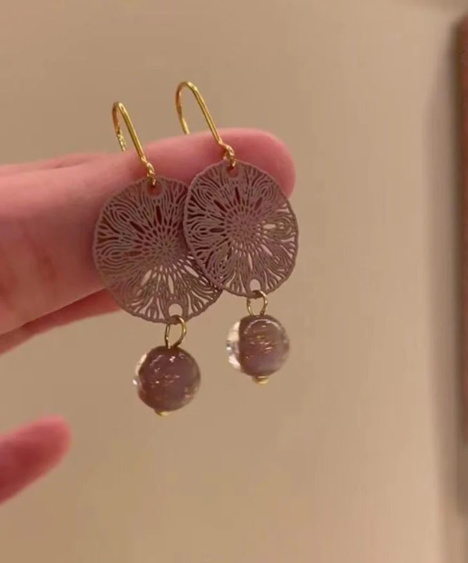 Chinese Style Light Purple Copper Overgild Hollow Out Window Paper-Cut Drop Earrings - Image 2