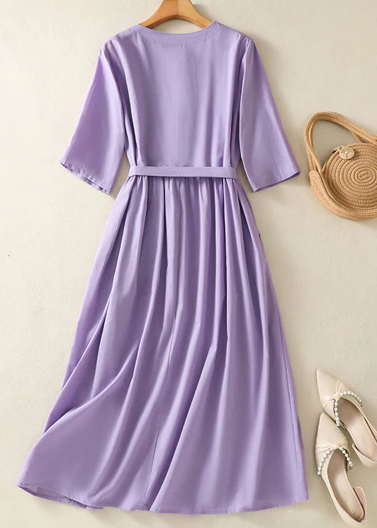 Chinese Style Light Purple Embroidered Tie Waist Cotton Dress Summer - Image 2