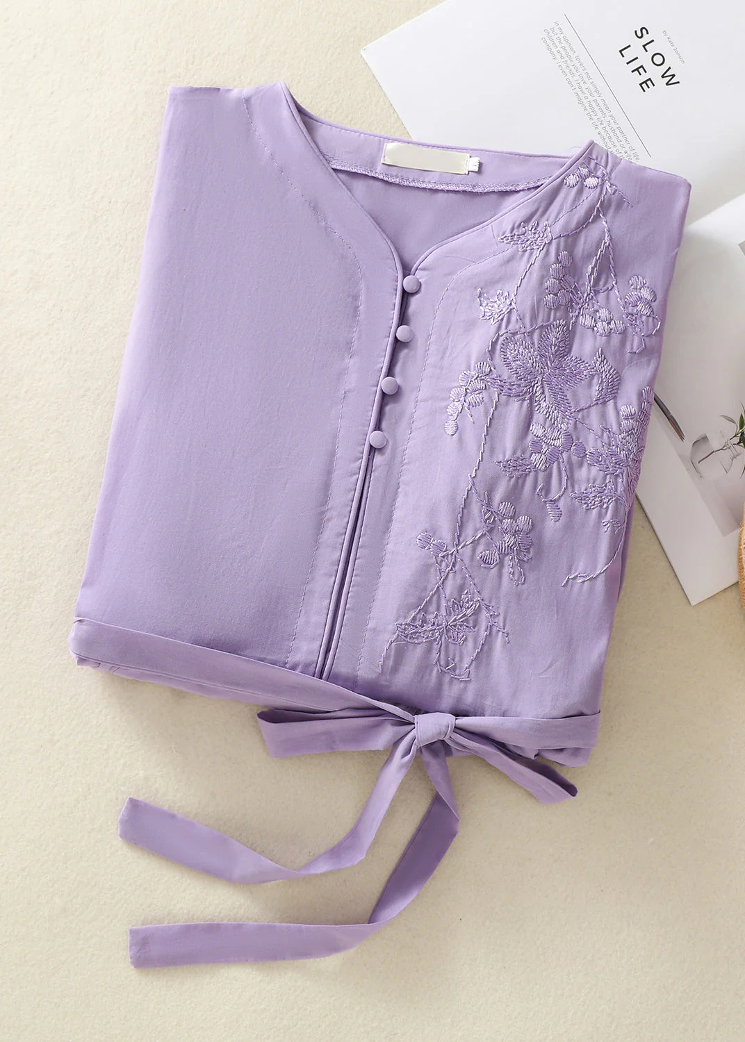 Chinese Style Light Purple Embroidered Tie Waist Cotton Dress Summer - Image 3