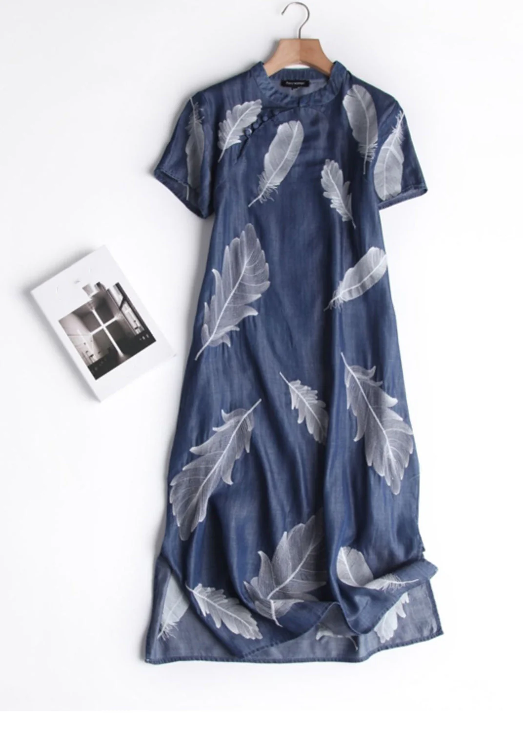 Chinese Style Little Blue Print Side Open Silk Cotton Long Dress Short Sleeve - Image 2