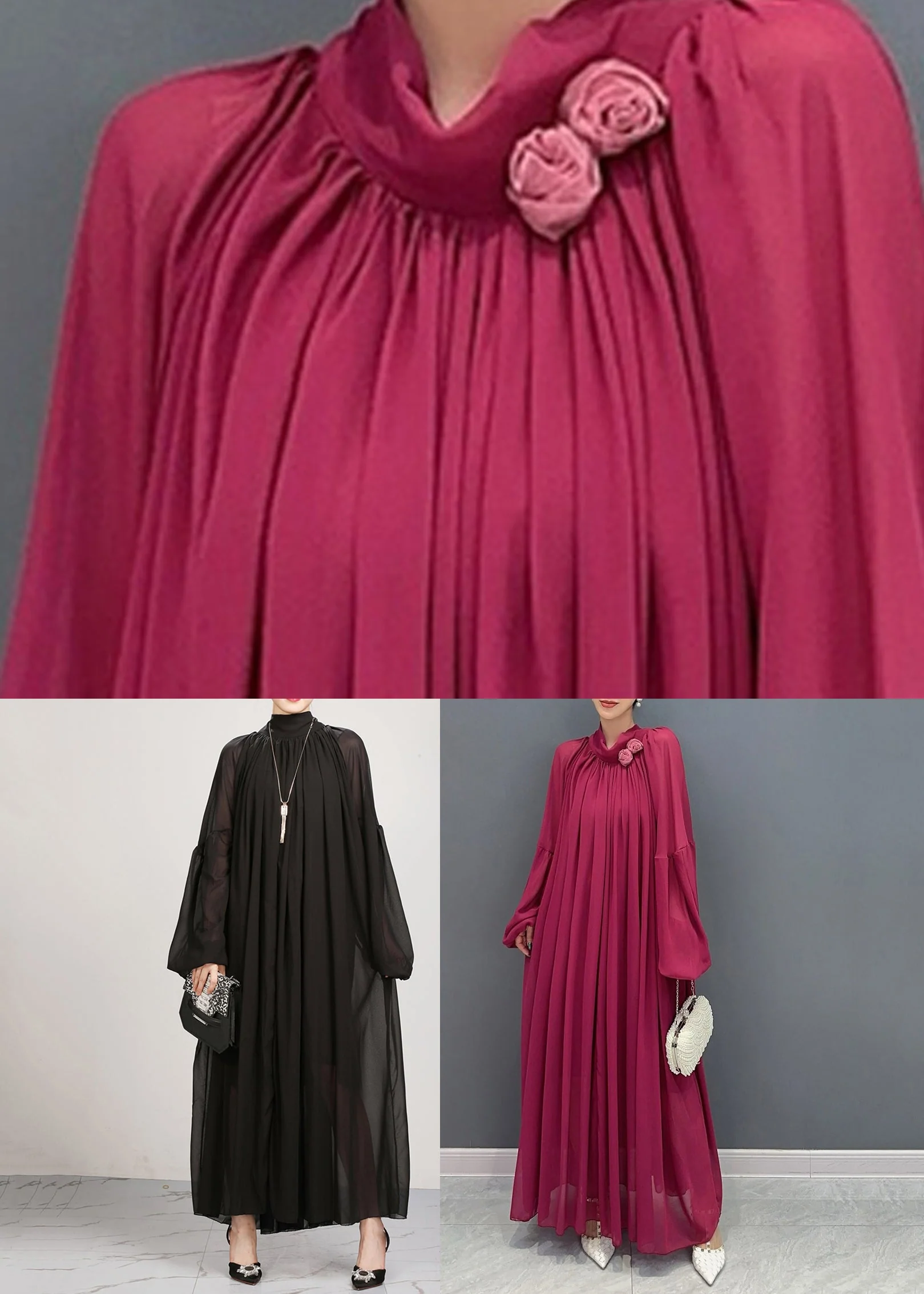 Chinese Style Mulberry Floral Wrinkled Chiffon Long Dress Fall - Image 5