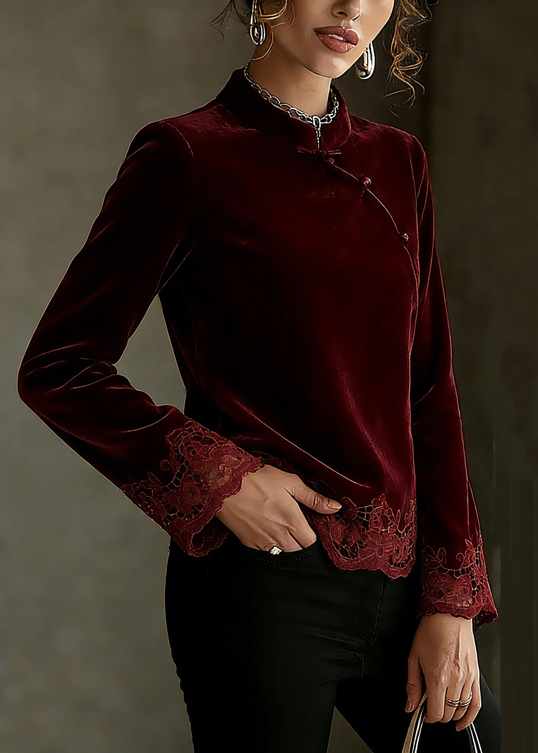 Chinese Style Mulberry Stand Collar Patchwork Top Spring - Image 3