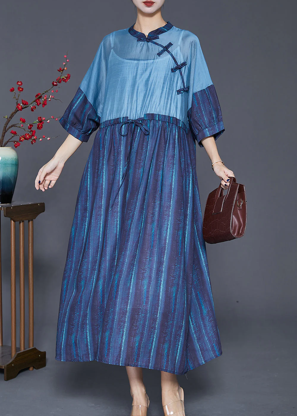 Chinese Style Navy Cinched Patchwork Linen Dresses Bracelet Sleeve - Image 2