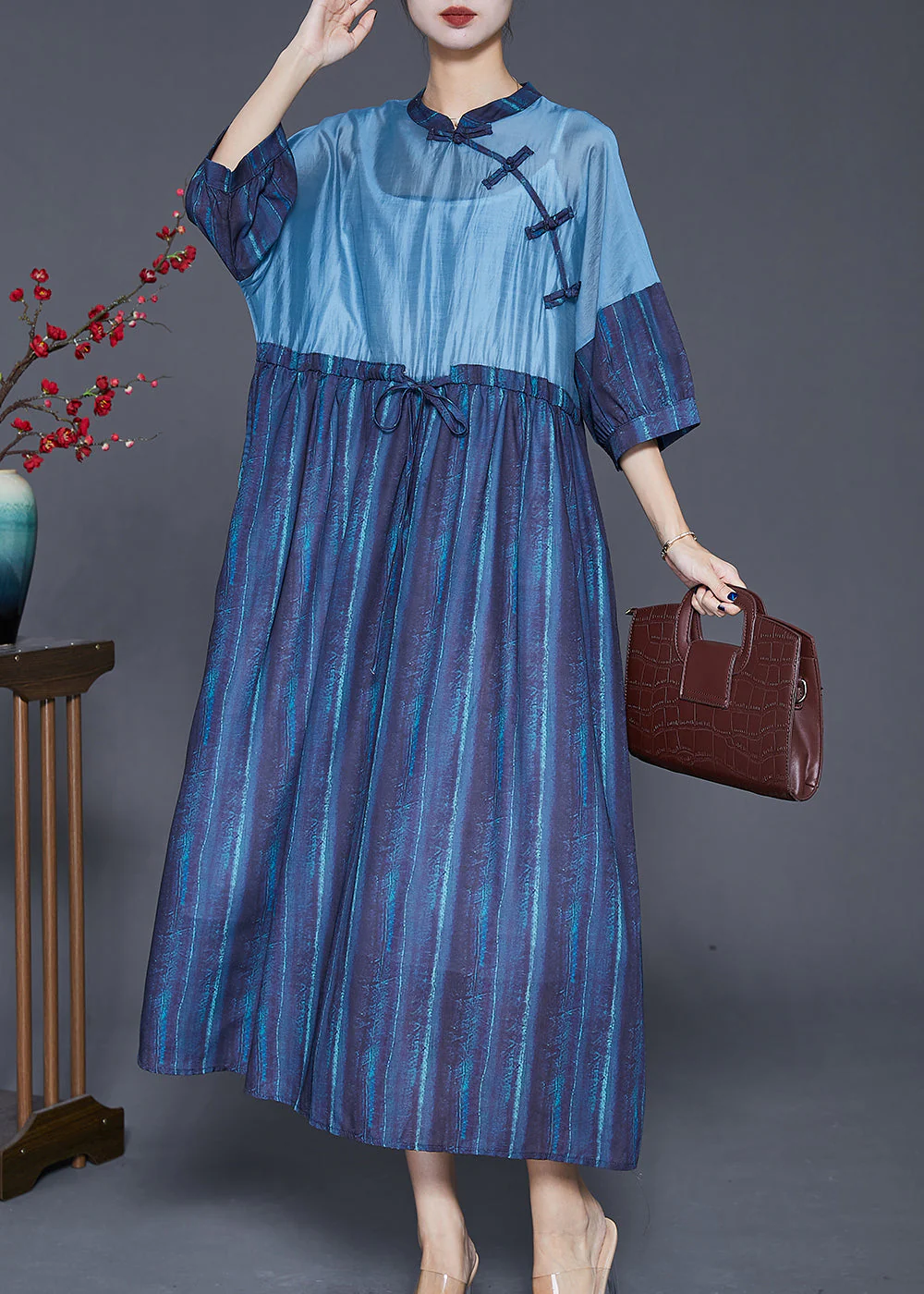 Chinese Style Navy Cinched Patchwork Linen Dresses Bracelet Sleeve - Image 3