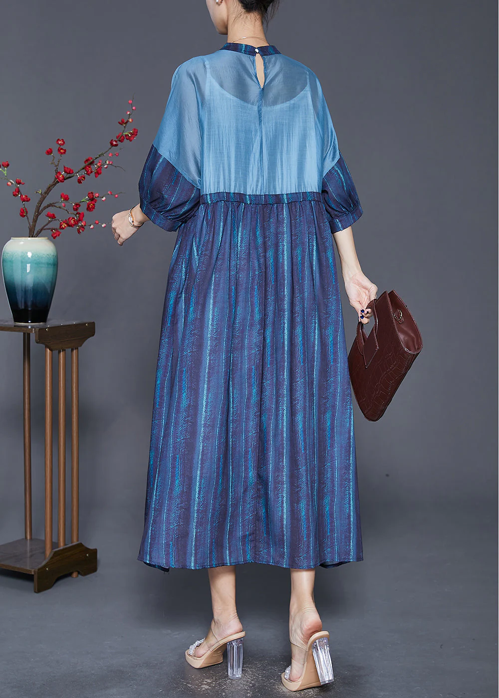 Chinese Style Navy Cinched Patchwork Linen Dresses Bracelet Sleeve - Image 4