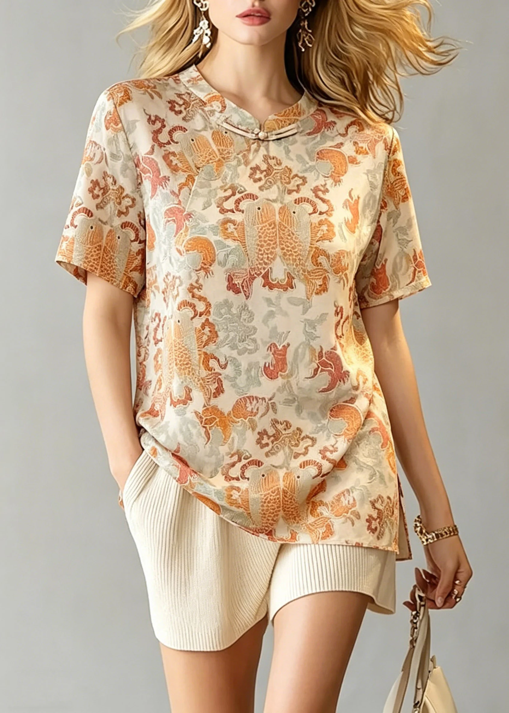Chinese Style O-Neck Print Side Open Tops Summer - Image 3