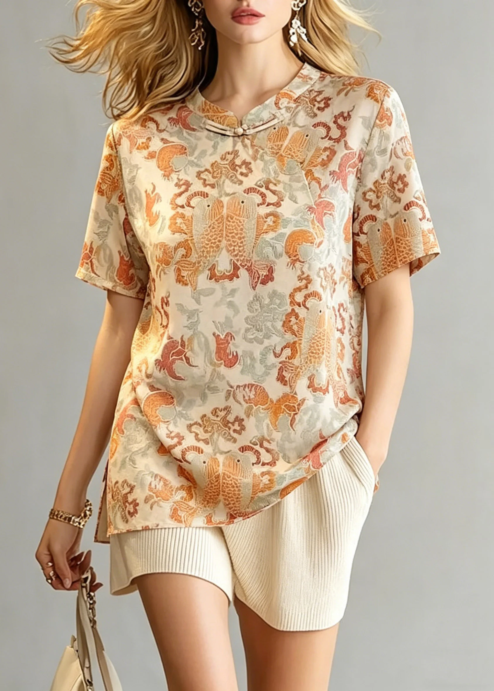 Chinese Style O-Neck Print Side Open Tops Summer - Image 5