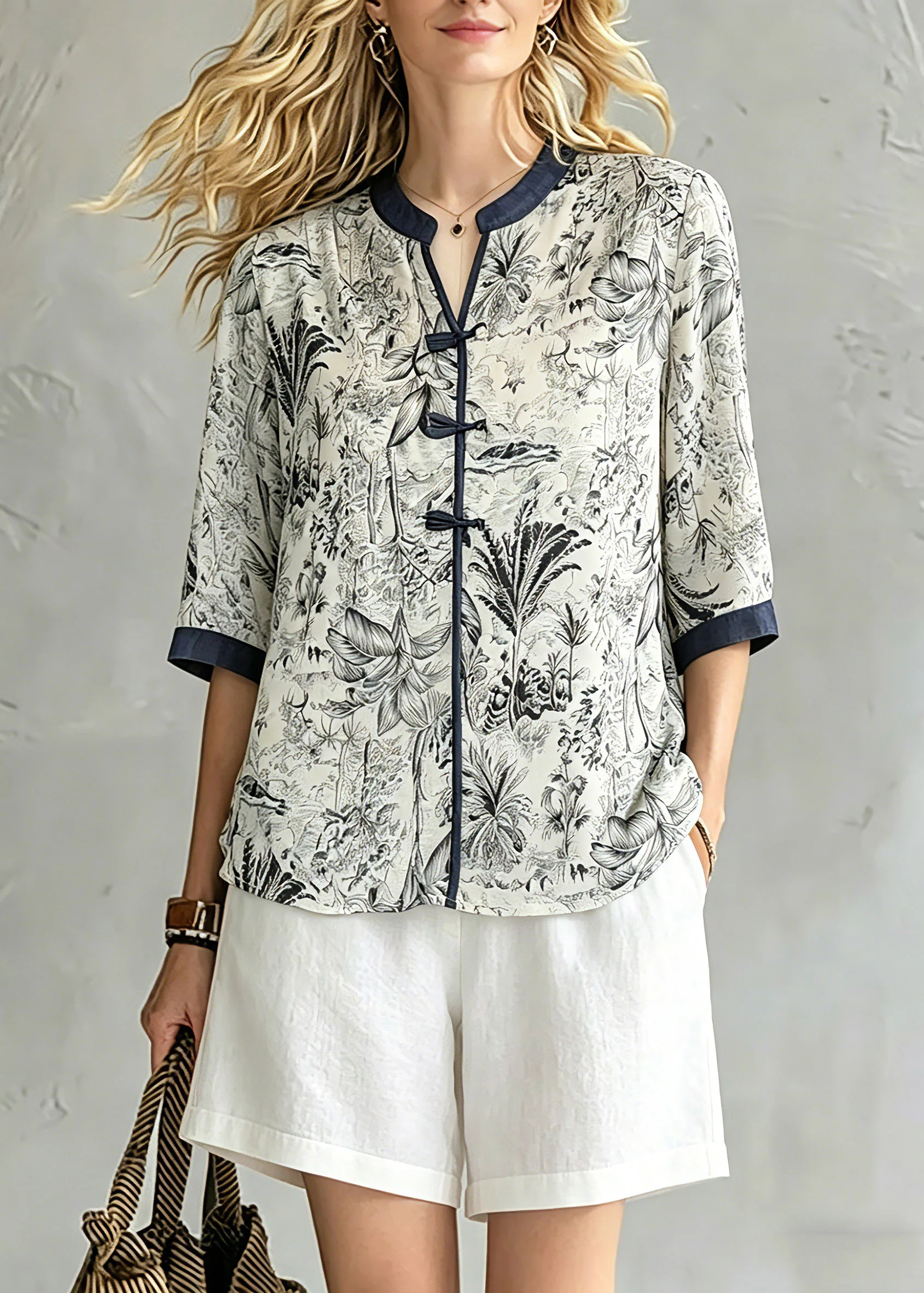 Chinese Style O-Neck Print Tops Half Sleeve - Image 5