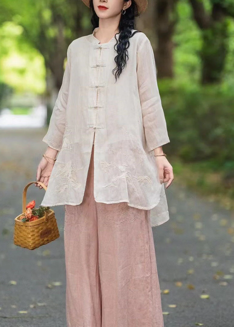 Chinese Style Orange Embroidered Linen Shirt Tops Summer - Image 3