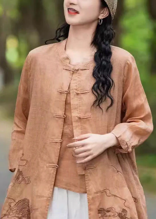 Chinese Style Orange Embroidered Linen Shirt Tops Summer - Image 4