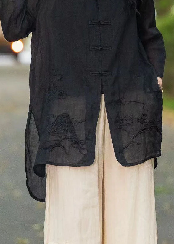Chinese Style Orange Embroidered Linen Shirt Tops Summer - Image 5