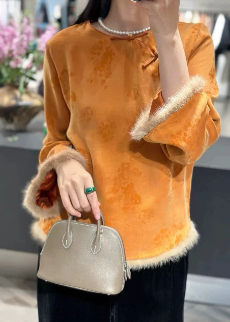 Chinese Style Orange O-Neck Mink Hair Patchwork Shirt Fall - Image 2