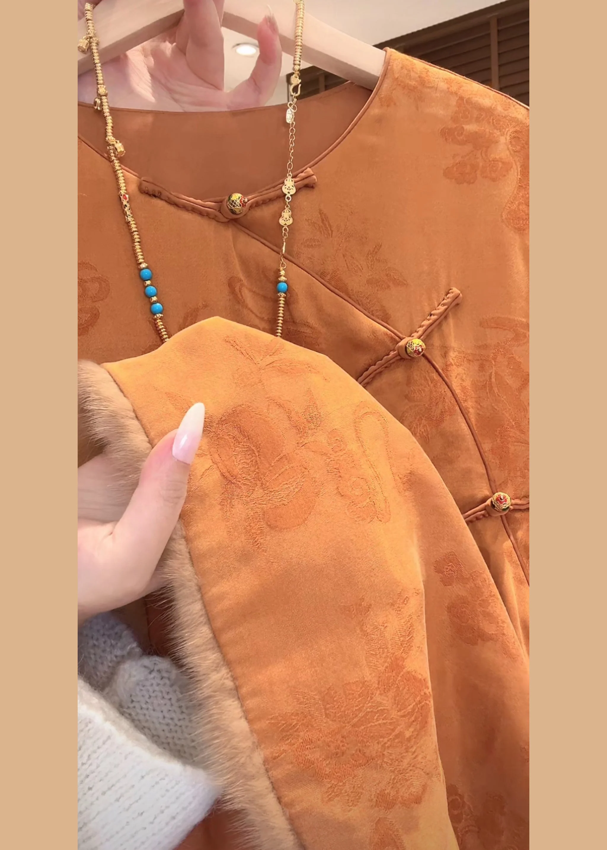 Chinese Style Orange O-Neck Mink Hair Patchwork Shirt Fall - Image 5