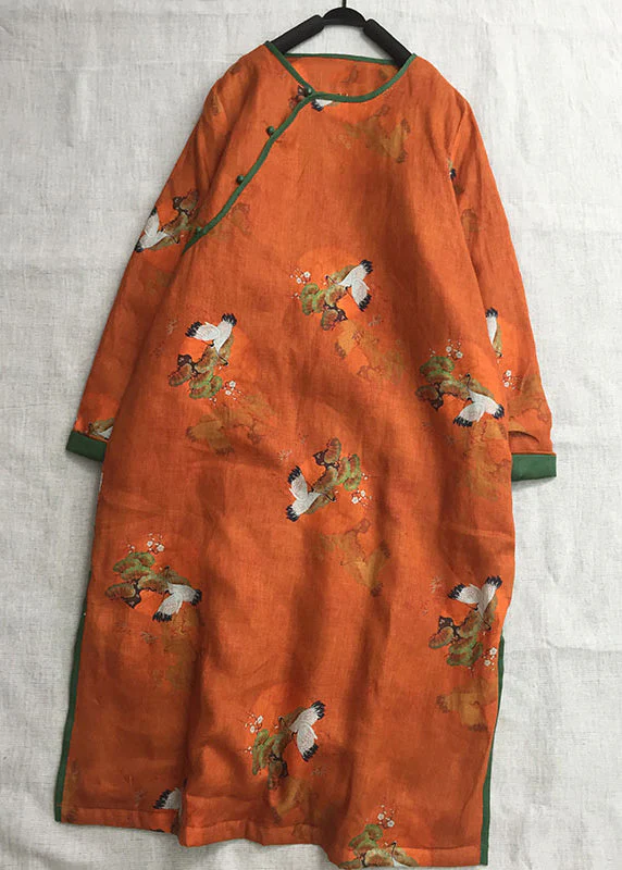 Chinese Style Orange O-Neck Print Fine Cotton Filled Dress Winter - Image 2
