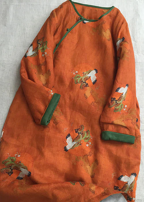 Chinese Style Orange O-Neck Print Fine Cotton Filled Dress Winter - Image 3