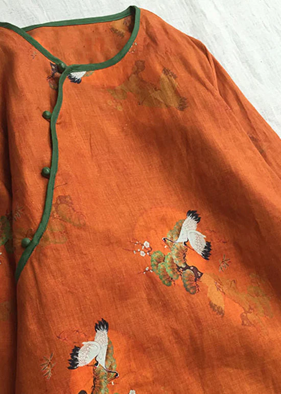 Chinese Style Orange O-Neck Print Fine Cotton Filled Dress Winter - Image 4