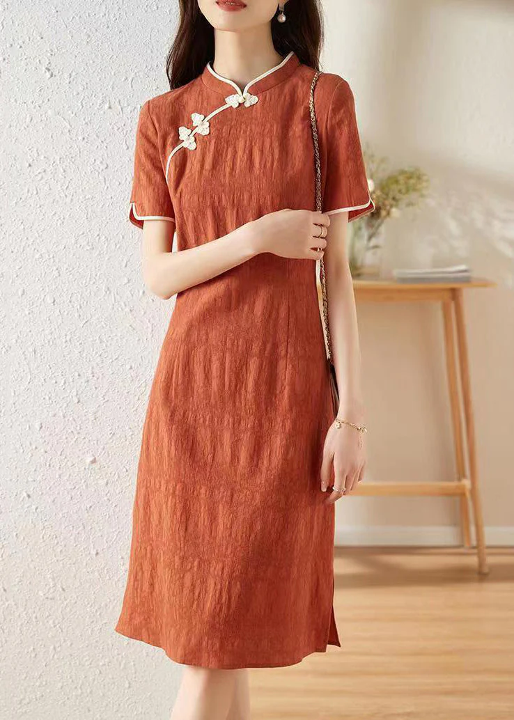 Chinese Style Orange Stand Collar Patchwork Cotton Dresses Summer - Image 2