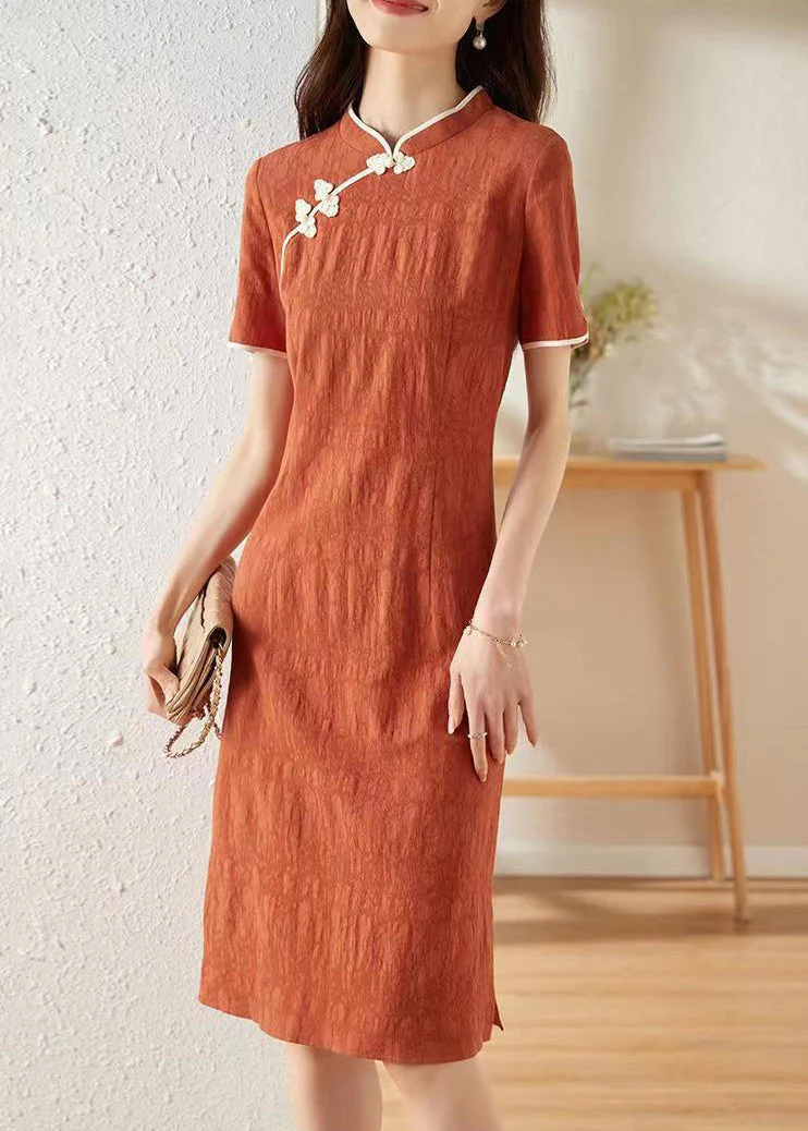 Chinese Style Orange Stand Collar Patchwork Cotton Dresses Summer - Image 4
