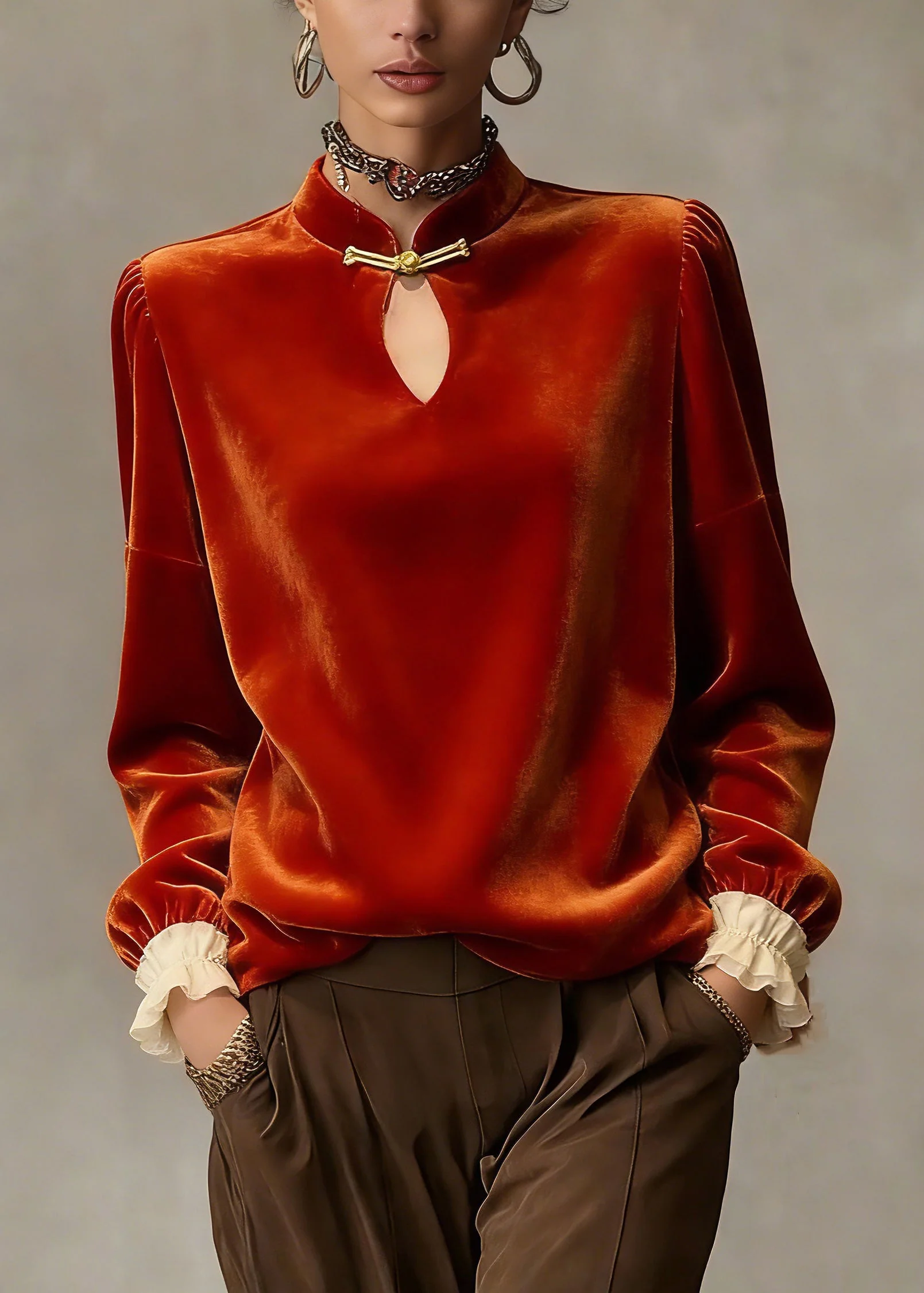 Chinese Style Orange Stand Collar Patchwork Silk Velour Top Petal Sleeve - Image 3
