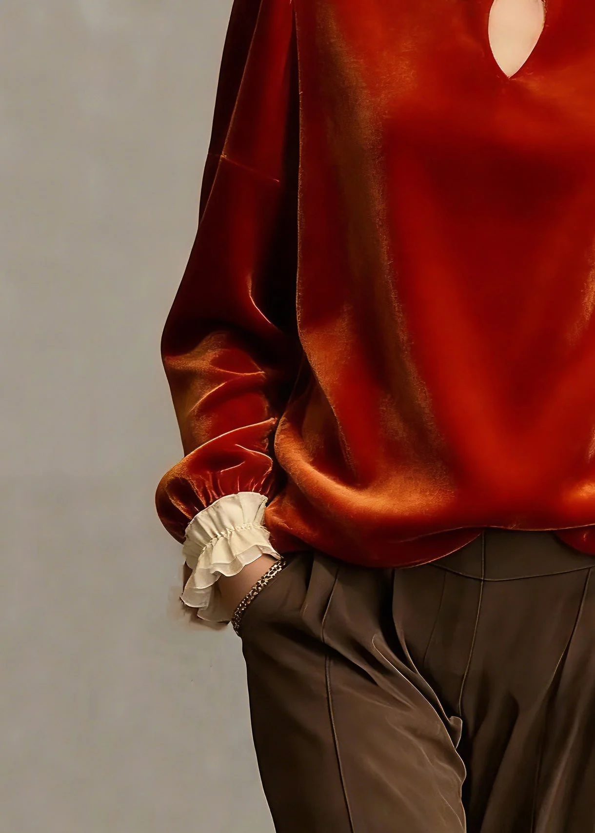 Chinese Style Orange Stand Collar Patchwork Silk Velour Top Petal Sleeve - Image 4