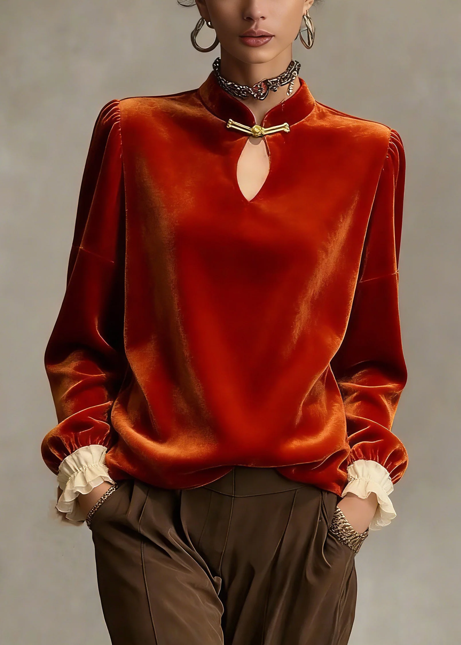 Chinese Style Orange Stand Collar Patchwork Silk Velour Top Petal Sleeve - Image 5