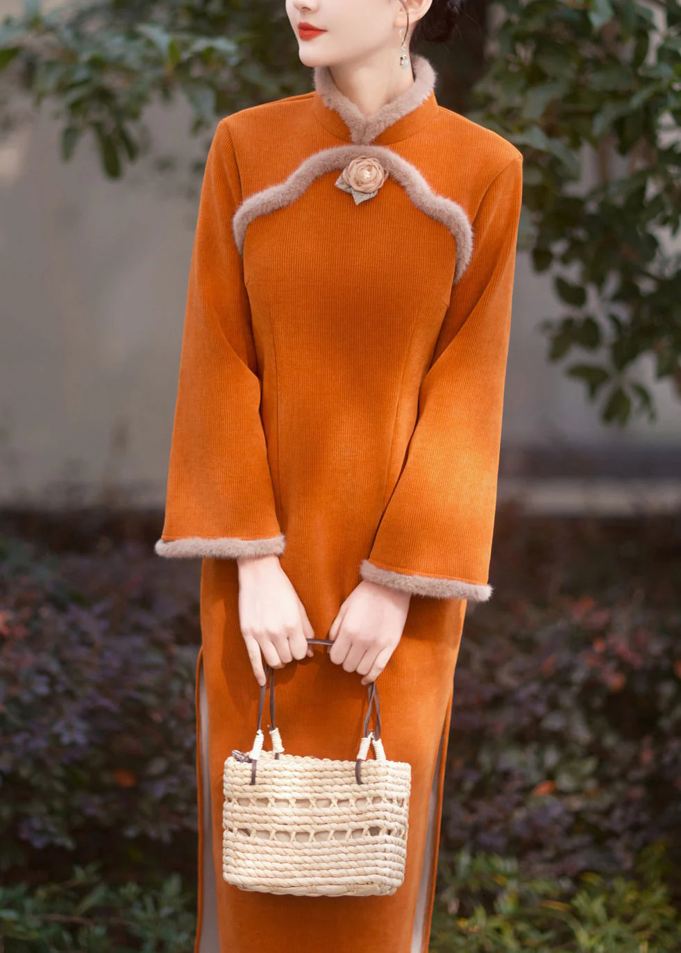 Chinese Style Orange Stand Collar Patchwork Warm Fleece Dresses Long Sleeve - Image 2
