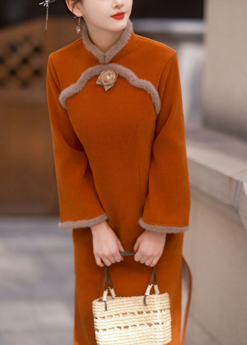 Chinese Style Orange Stand Collar Patchwork Warm Fleece Dresses Long Sleeve - Image 3