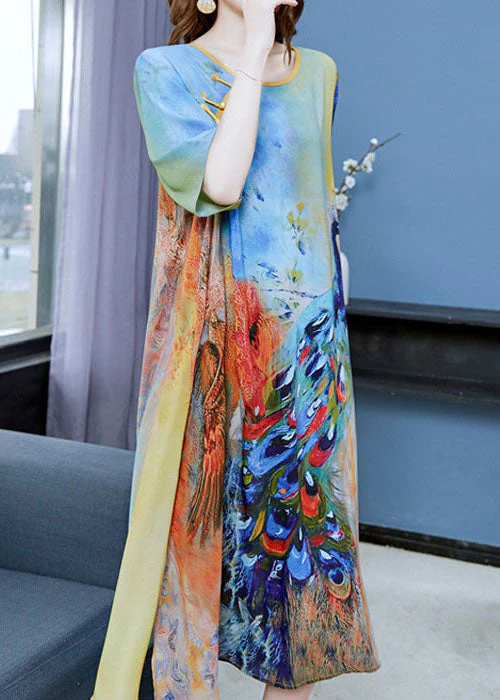 Chinese Style Peacock Blue O Neck Patchwork Chiffon Dress Summer - Image 2