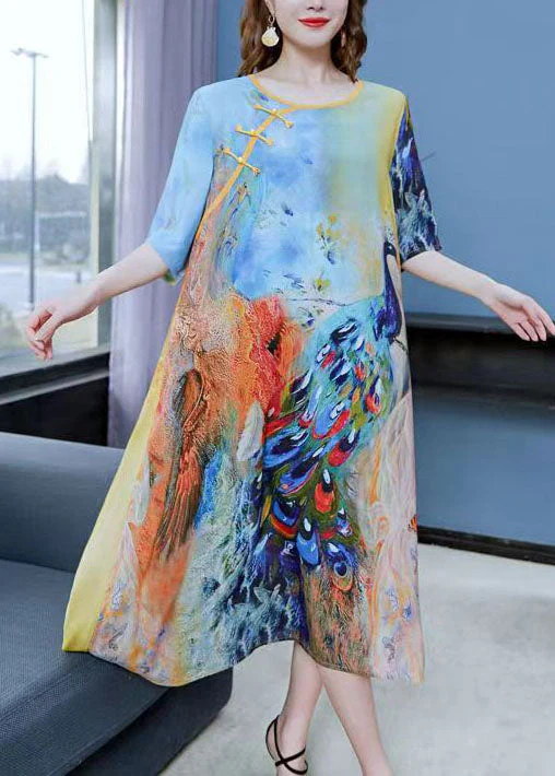 Chinese Style Peacock Blue O Neck Patchwork Chiffon Dress Summer - Image 3
