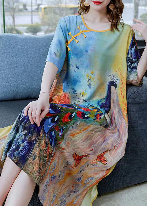 Chinese Style Peacock Blue O Neck Patchwork Chiffon Dress Summer - Image 4