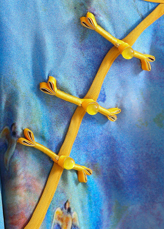 Chinese Style Peacock Blue O Neck Patchwork Chiffon Dress Summer - Image 5