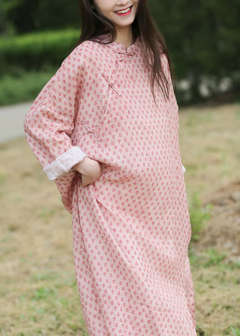 Chinese Style Pink Button Print Cotton Long Dress Spring - Image 2