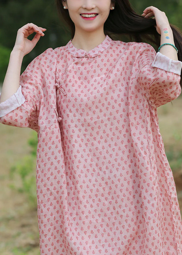 Chinese Style Pink Button Print Cotton Long Dress Spring - Image 3
