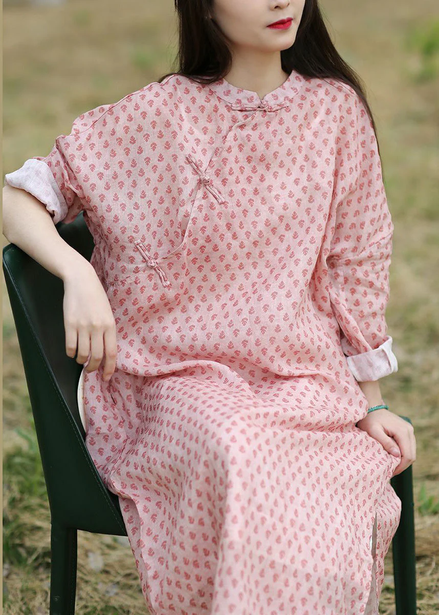 Chinese Style Pink Button Print Cotton Long Dress Spring - Image 4