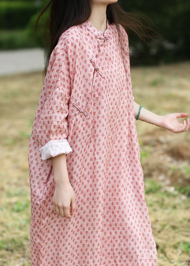 Chinese Style Pink Button Print Cotton Long Dress Spring - Image 5
