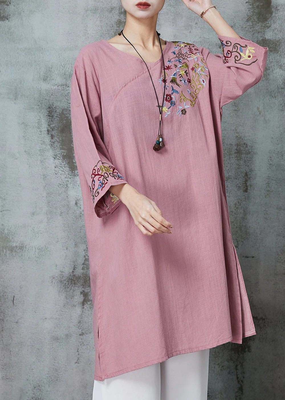 Chinese Style Pink Embroidered Linen Dress Bracelet Sleeve - Image 3