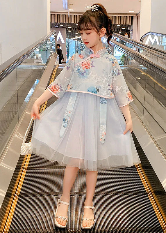 Chinese Style Pink Embroideried Patchwork Chiffon Kids Girls Dress Summer - Image 2