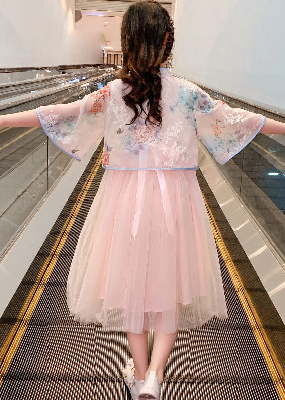 Chinese Style Pink Embroideried Patchwork Chiffon Kids Girls Dress Summer - Image 5