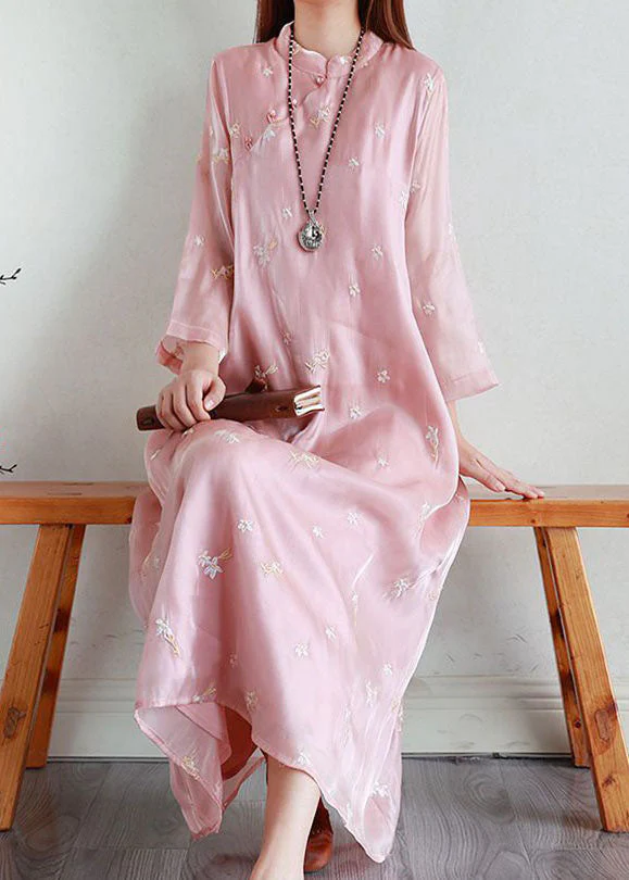 Chinese Style Pink Embroideried Patchwork Silk Dresses Summer - Image 3