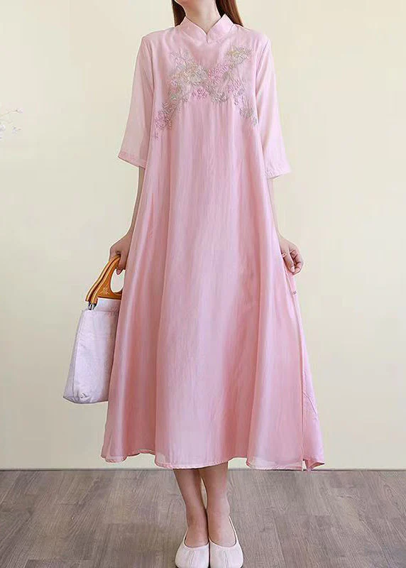 Chinese Style Pink Embroideried Side Open Cotton Dresses Summer - Image 2