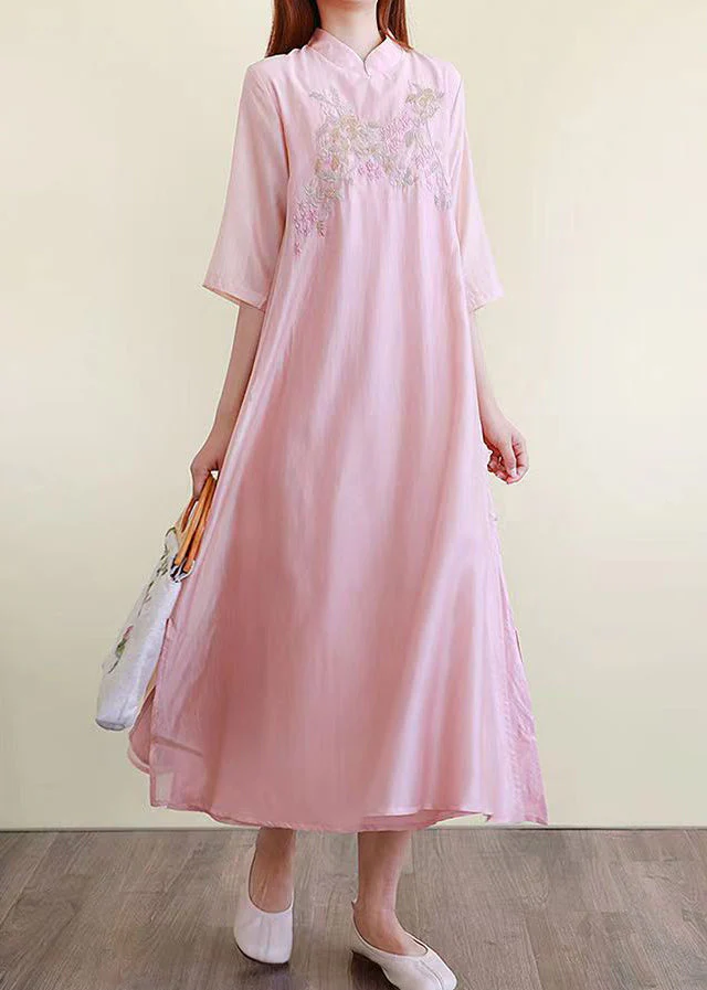 Chinese Style Pink Embroideried Side Open Cotton Dresses Summer - Image 3