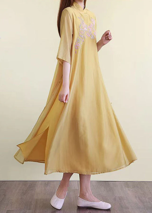 Chinese Style Pink Embroideried Side Open Cotton Dresses Summer - Image 4