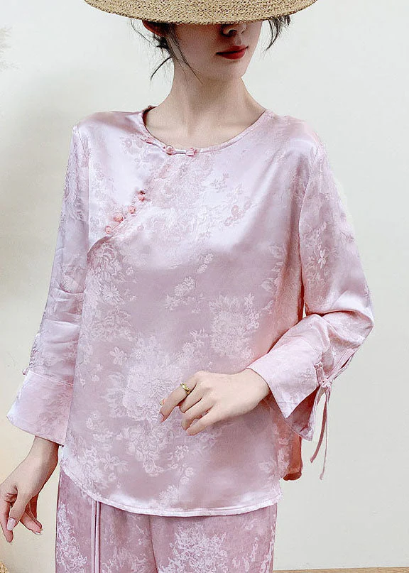 Chinese Style Pink Jacquard Silk Oriental Shirts Spring - Image 2