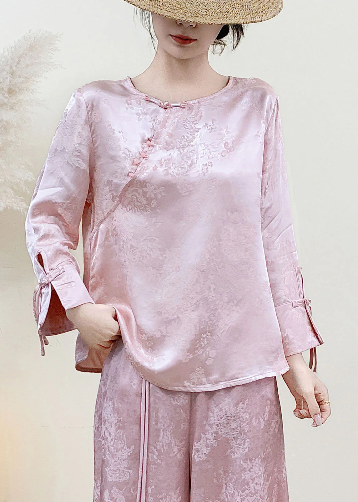 Chinese Style Pink Jacquard Silk Oriental Shirts Spring - Image 3