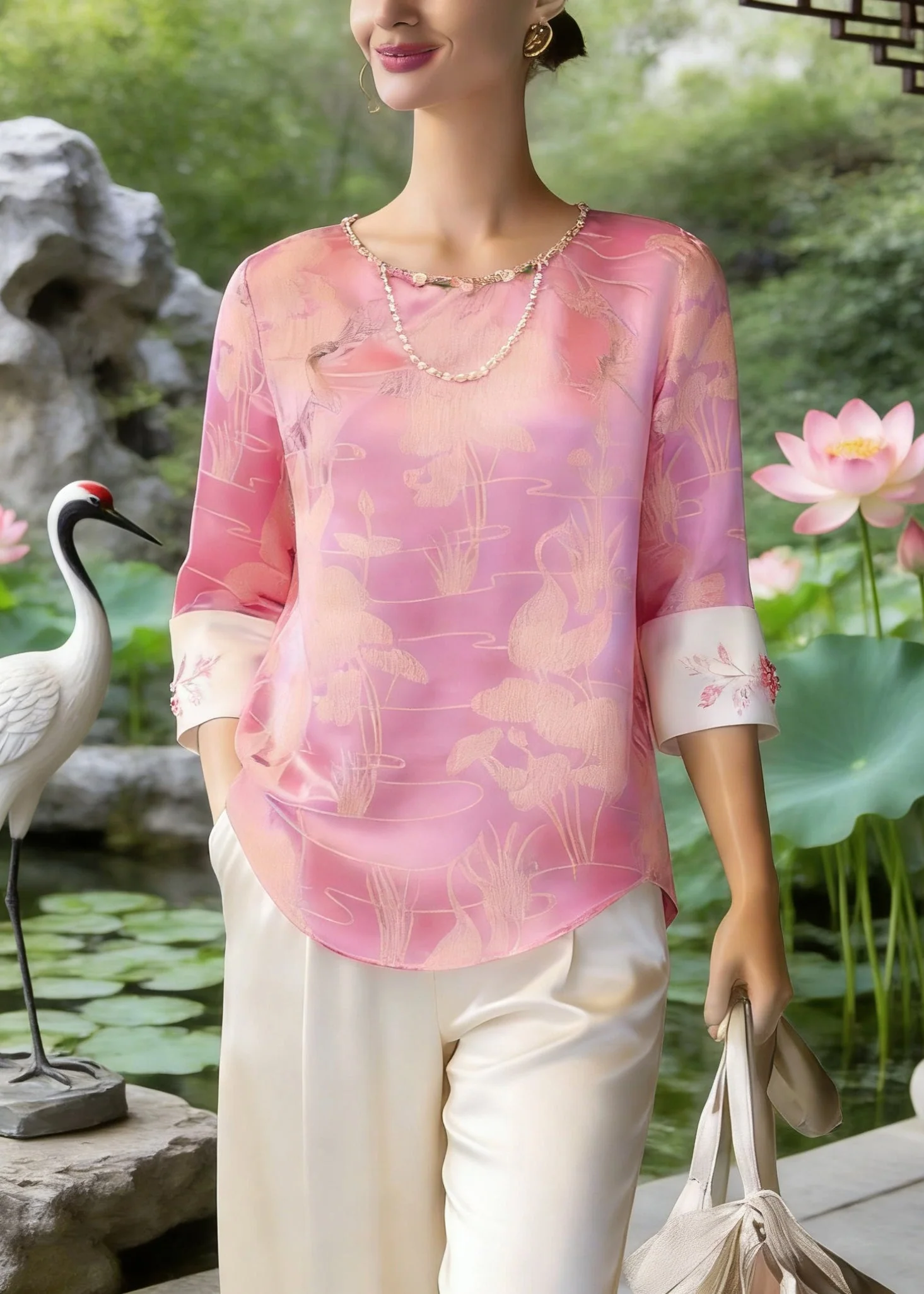 Chinese Style Pink O-Neck Print Silk T Shirt Three Quarter Sleeve - Image 3