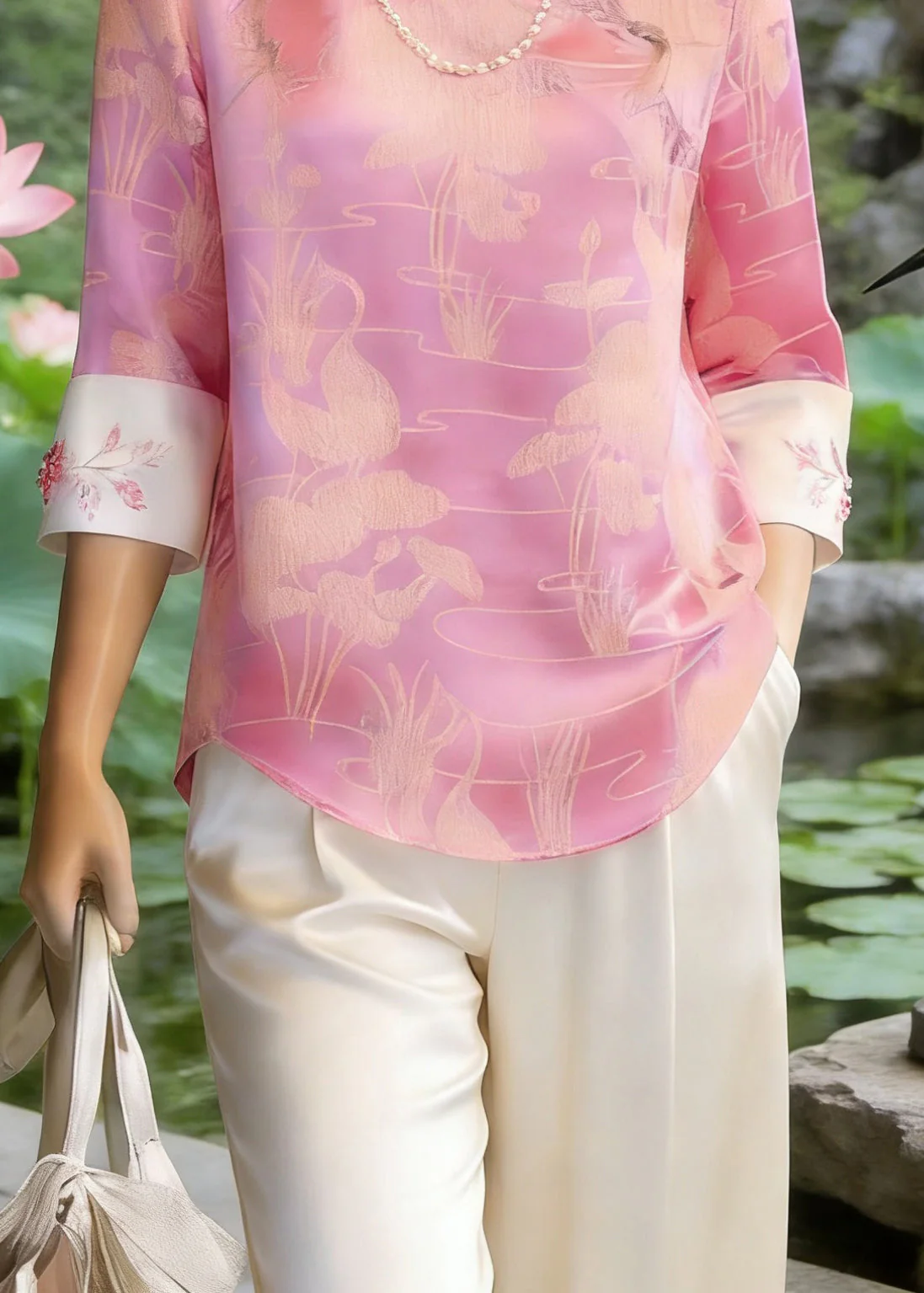Chinese Style Pink O-Neck Print Silk T Shirt Three Quarter Sleeve - Image 4