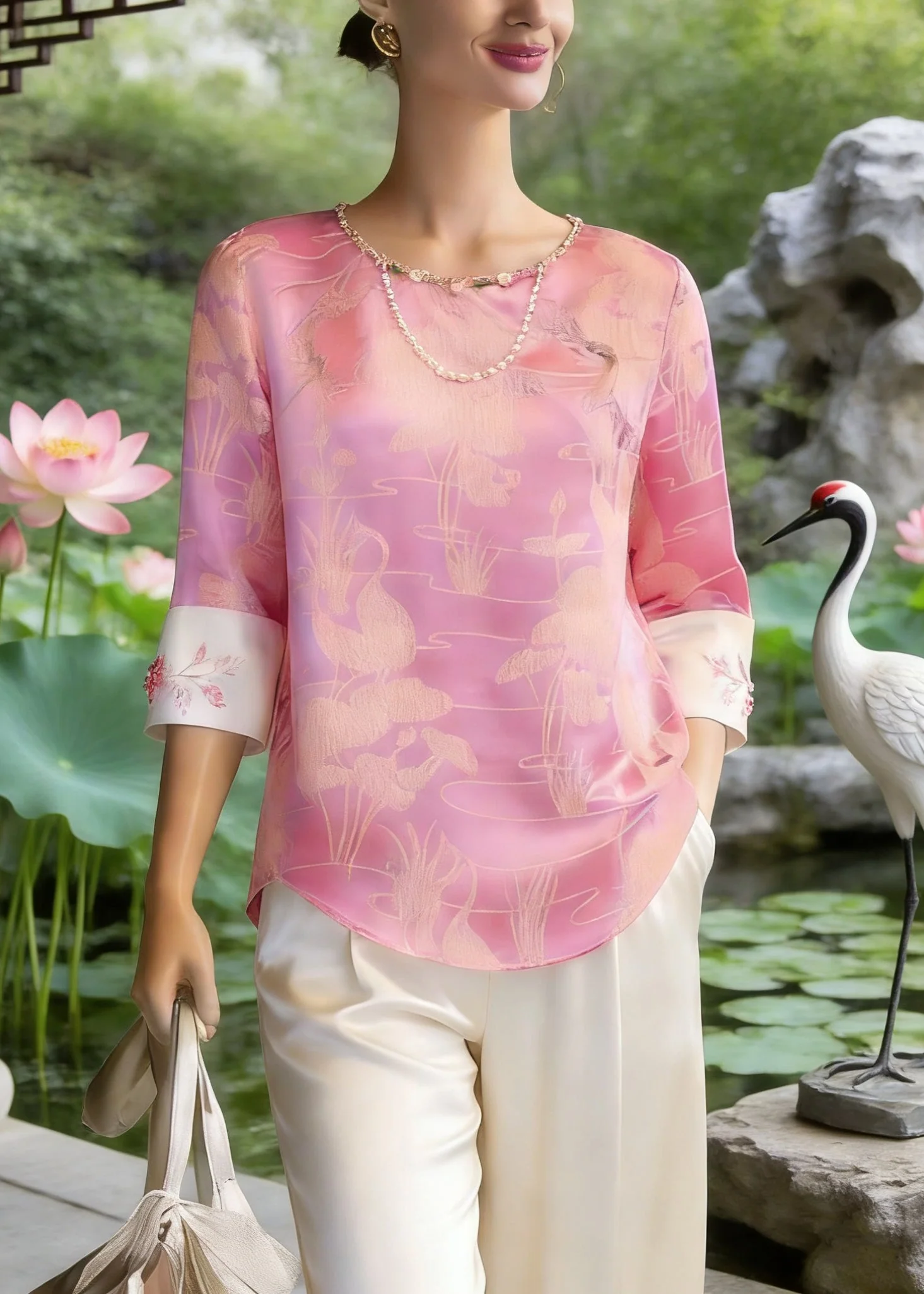 Chinese Style Pink O-Neck Print Silk T Shirt Three Quarter Sleeve - Image 5